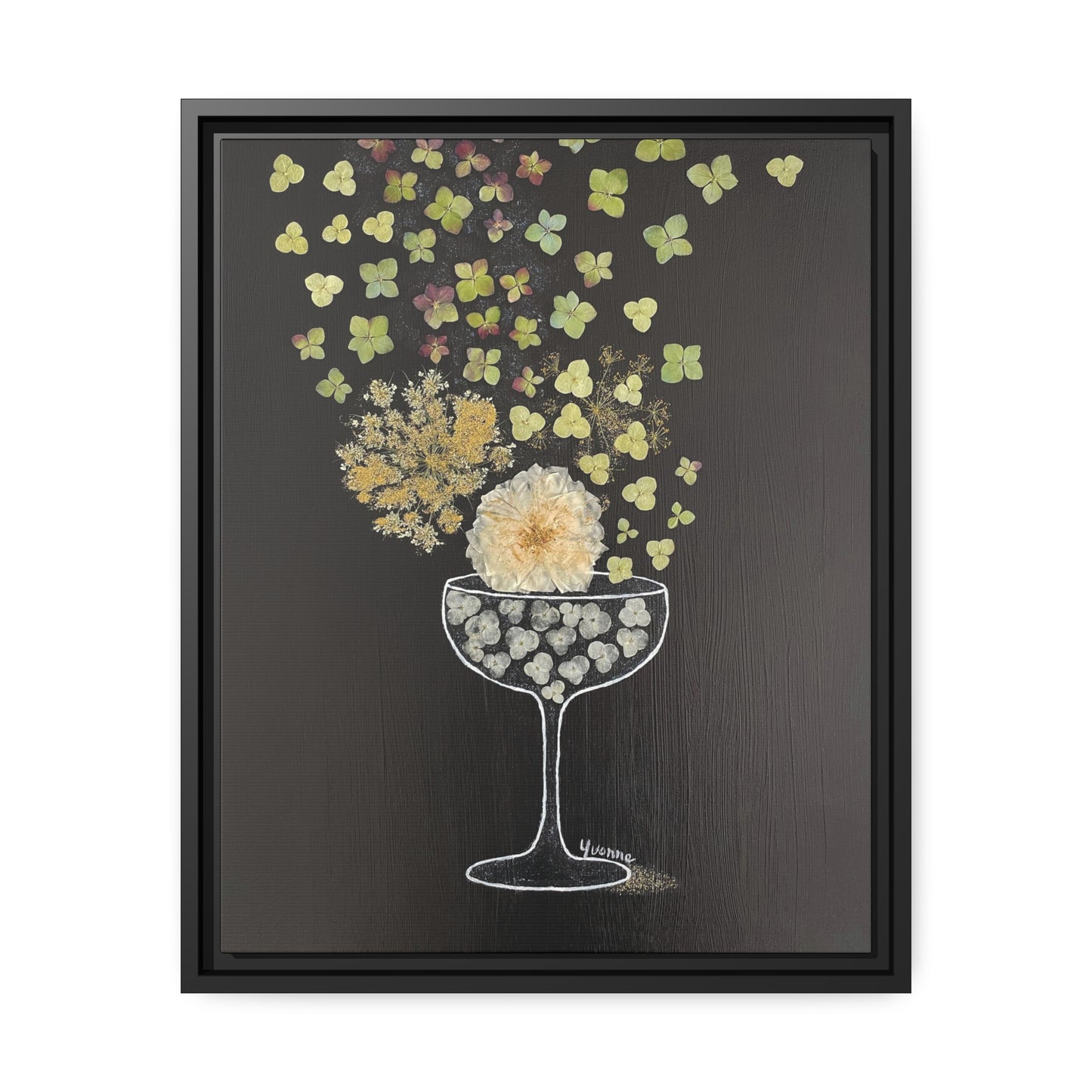 "Effervesce" pressed flower art image by Yvonne Blacker printed on matte canvas with black frame