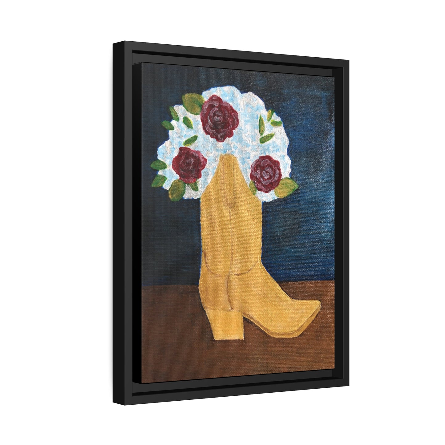 "Boot Bouquet" by Yvonne Blacker printed on matte canvas with black frame