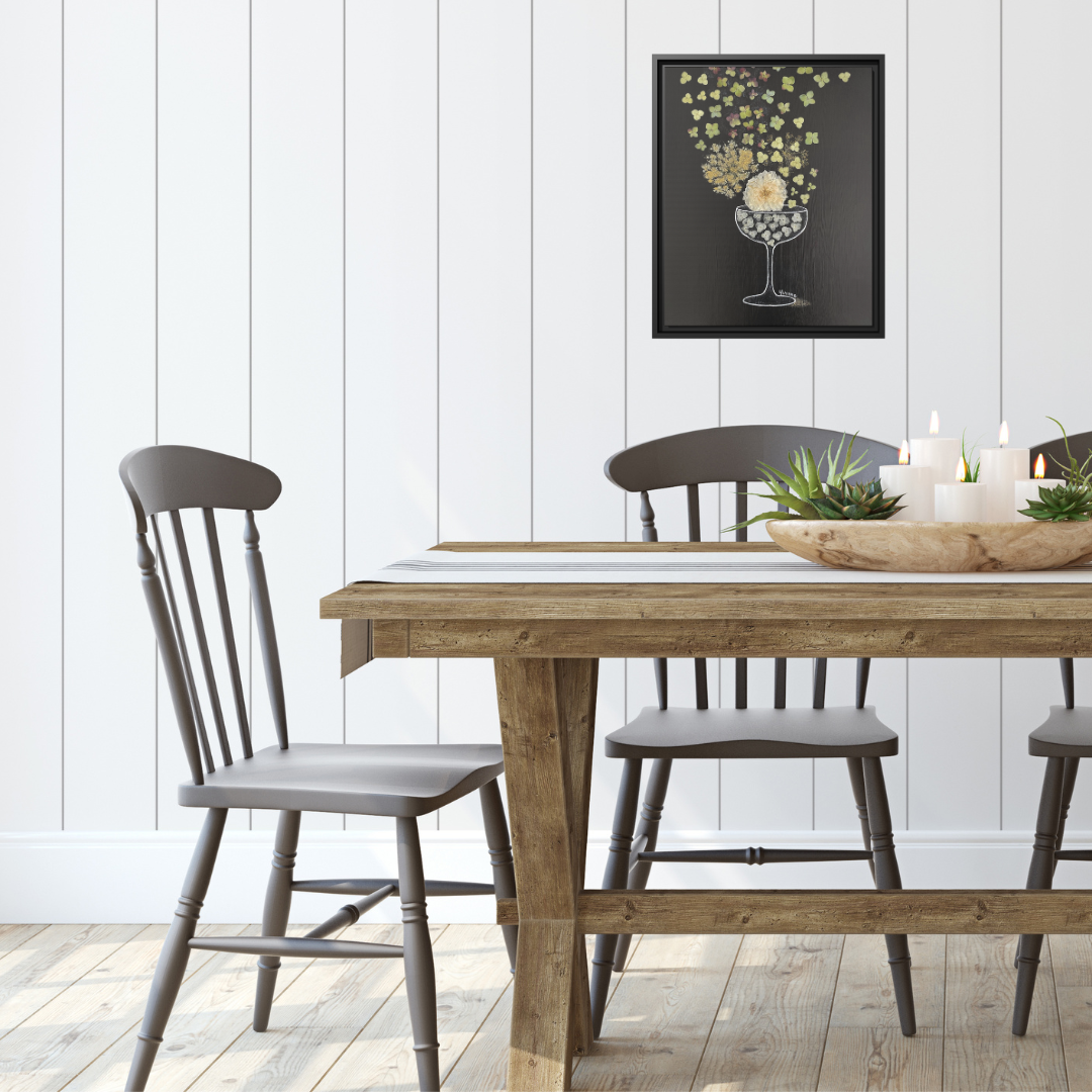 "Effervesce" pressed flower art image by Yvonne Blacker printed on matte canvas with black frame