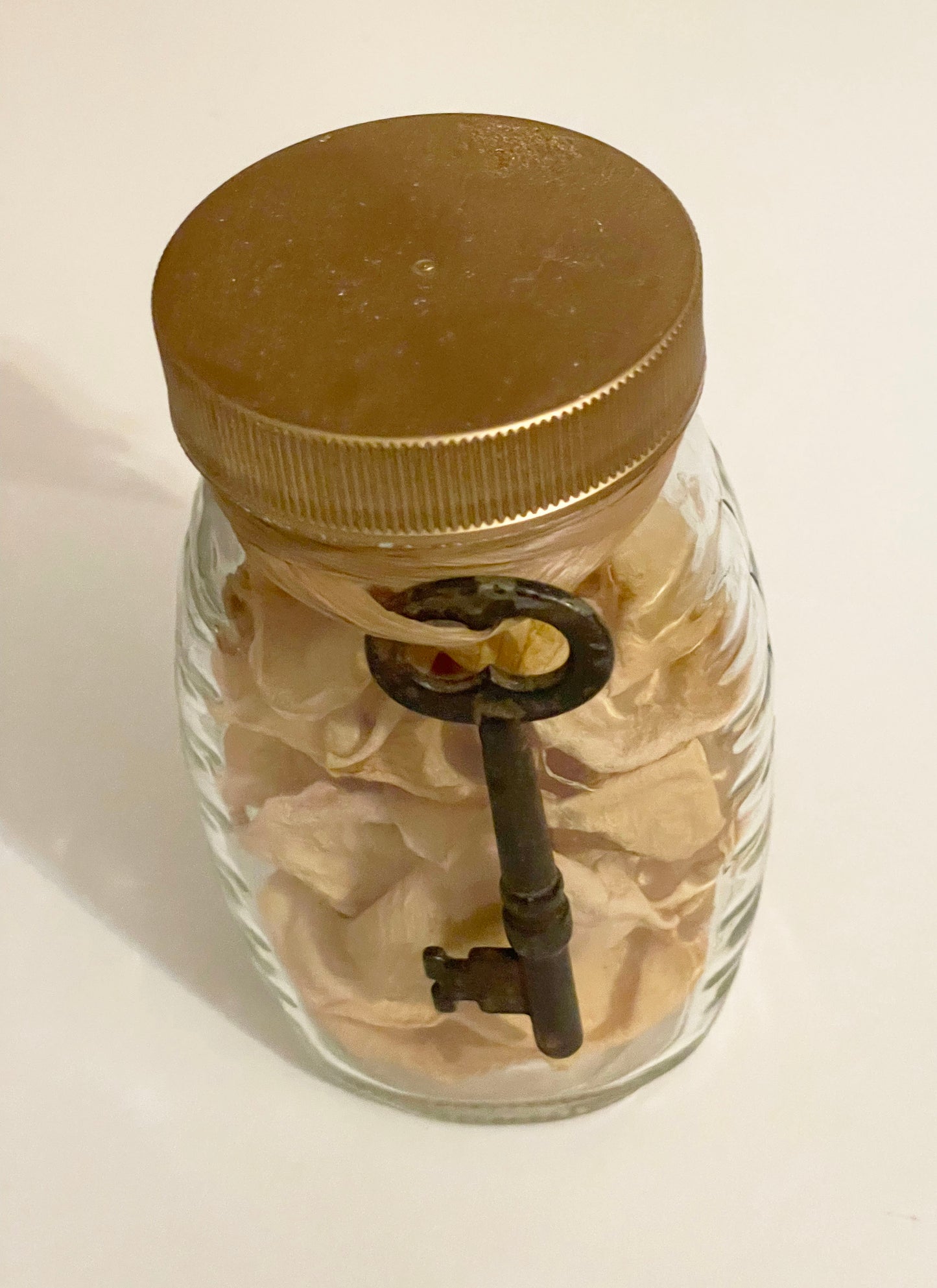 Small Honey Jar with Dried Rose Petals and Vintage Skeleton Key