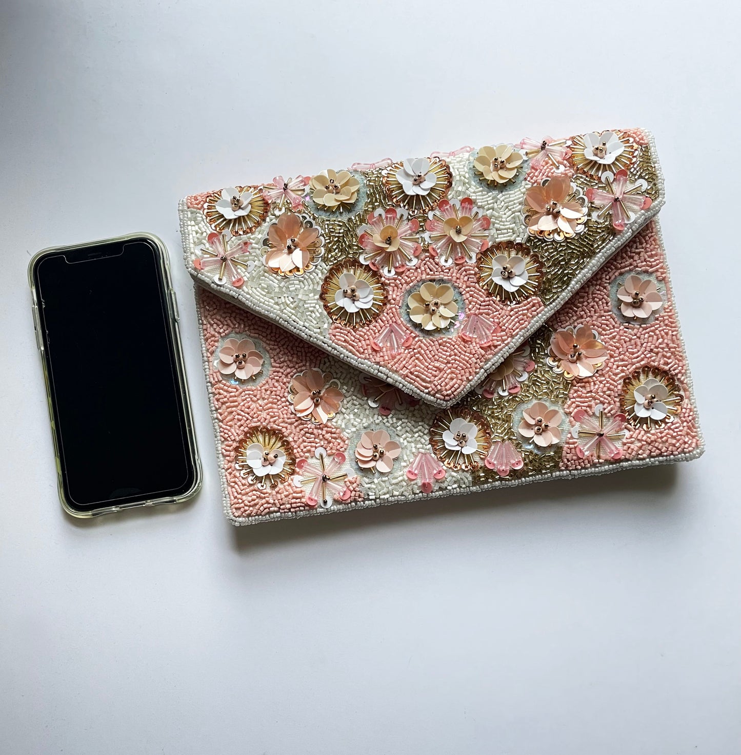 Pink and Gold Dahlia Clutch with Silver Chain