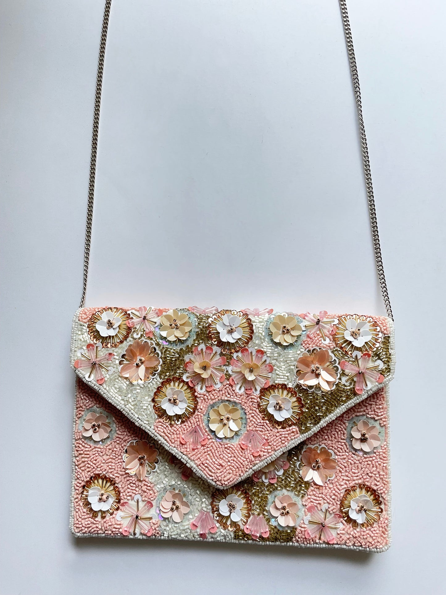 Pink and Gold Dahlia Clutch with Silver Chain