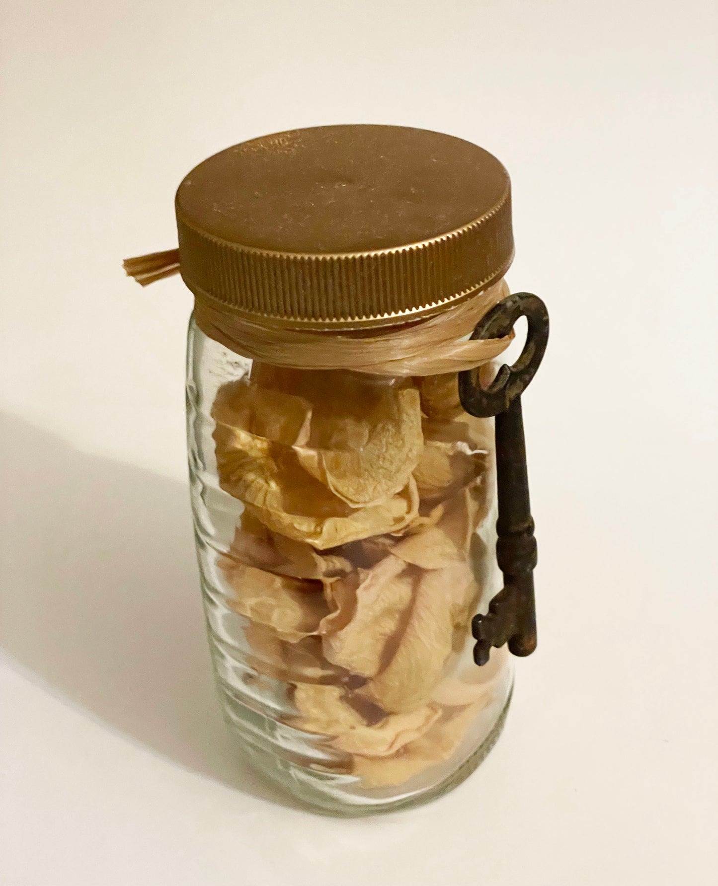 Small Honey Jar with Dried Rose Petals and Vintage Skeleton Key