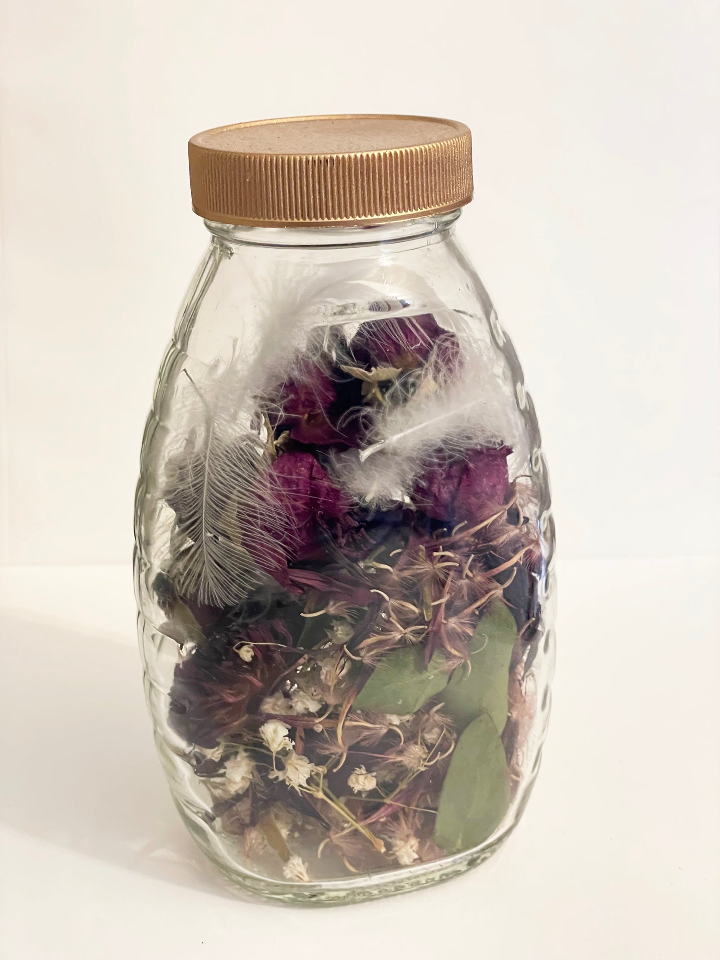 Honey Jar with Burgandy Rosebuds, Mixed Florals, and White Pekin Duck Down Feathers