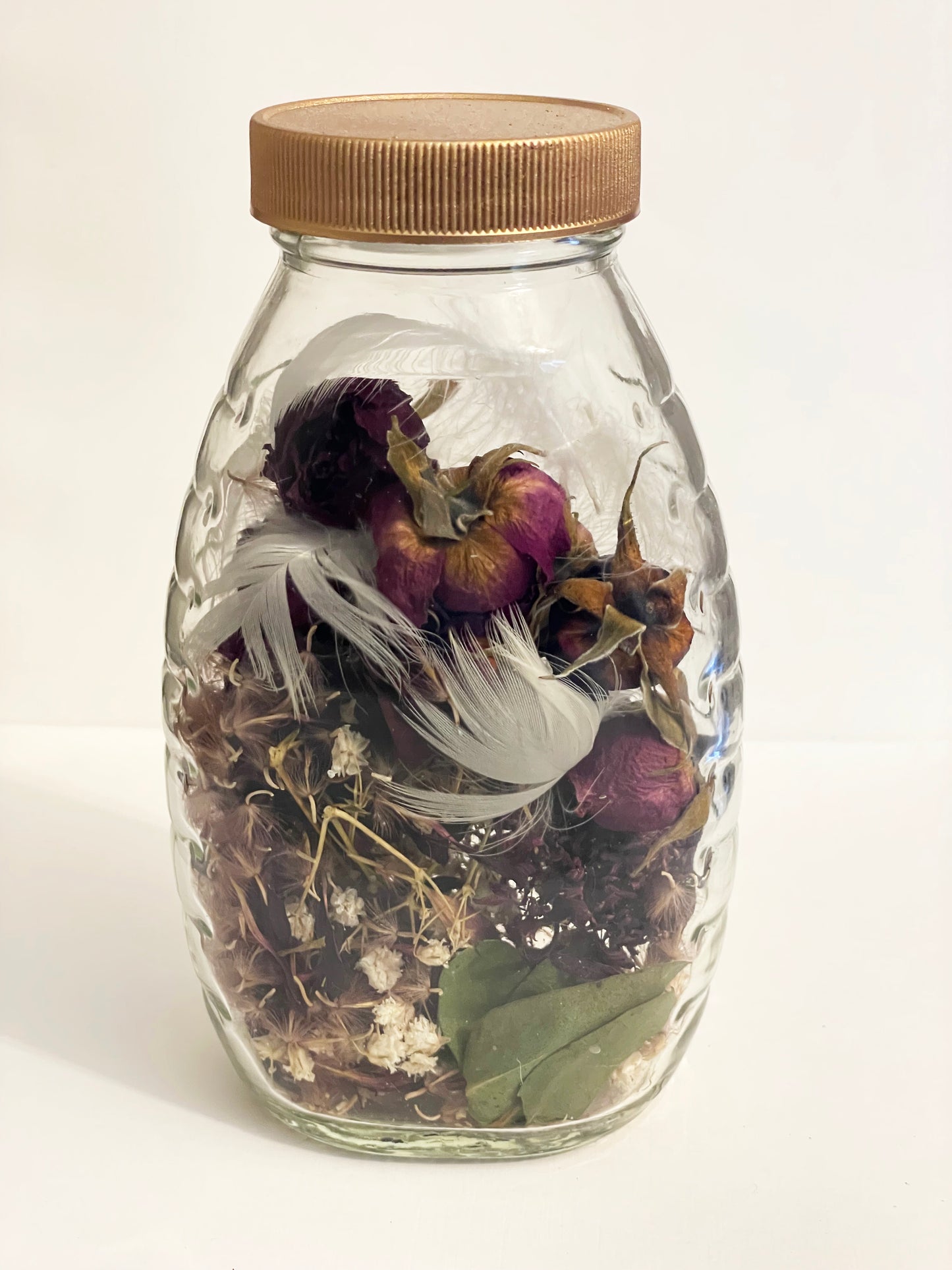 Honey Jar with Burgandy Rosebuds, Mixed Florals, and White Pekin Duck Down Feathers