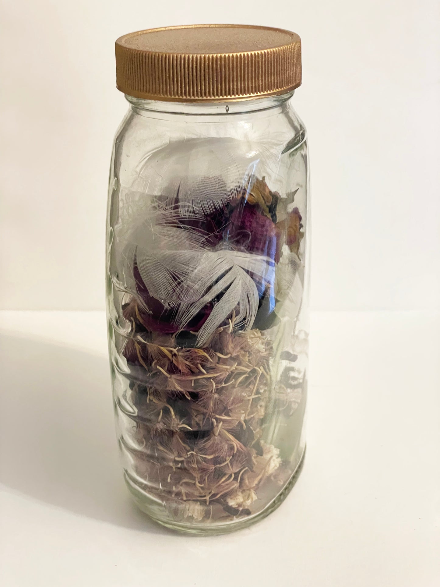 Honey Jar with Burgandy Rosebuds, Mixed Florals, and White Pekin Duck Down Feathers