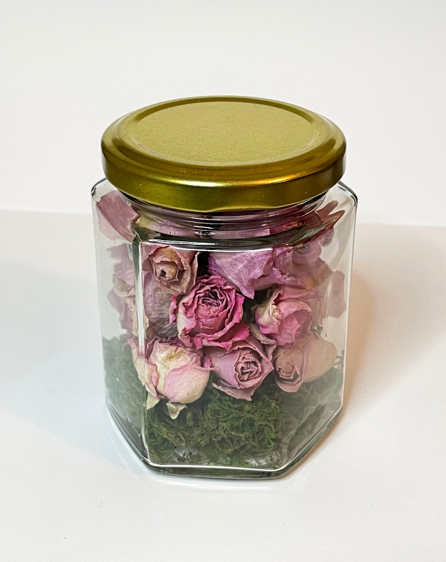 Set of 3: Dried Roses in Honeycomb Shaped Glass Jars with Gold Lids