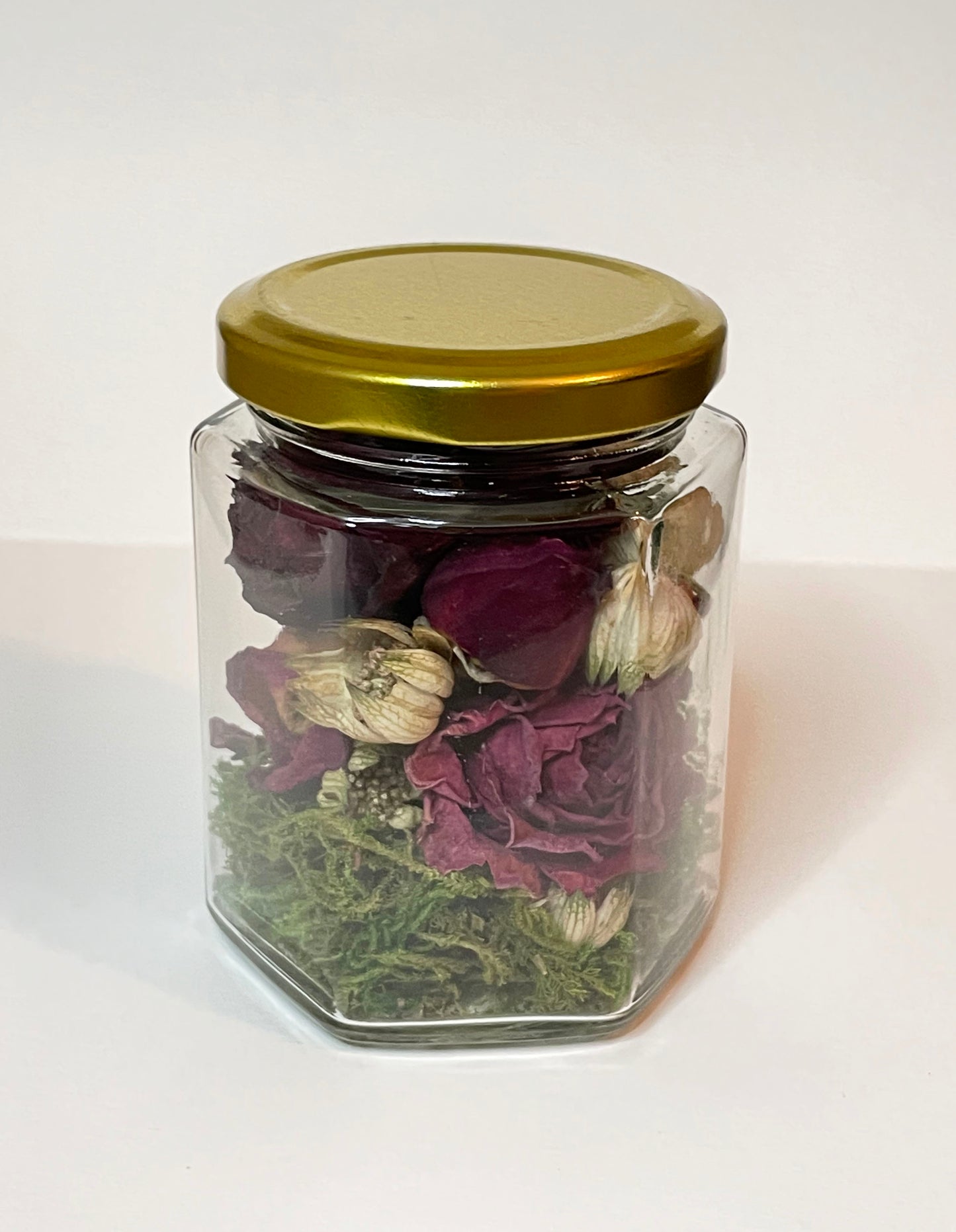 Set of 2: Dried Roses with Astrantia Blossoms in Honeycomb Shaped Glass Jars with Gold Lids