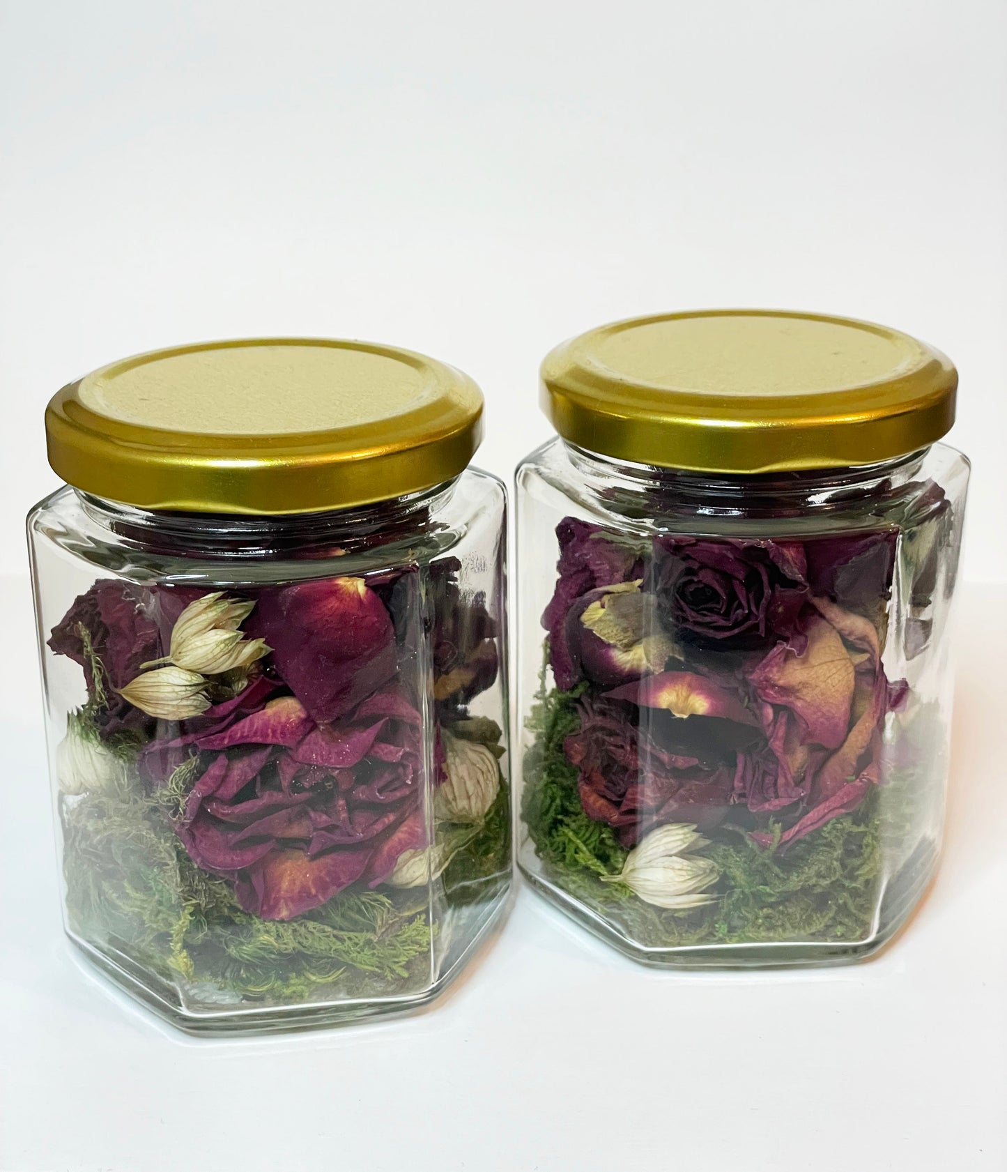 Set of 2: Dried Roses with Astrantia Blossoms in Honeycomb Shaped Glass Jars with Gold Lids