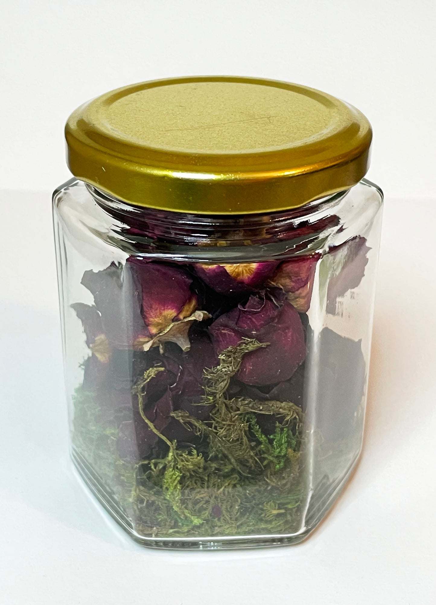 Set of 3: Dried Roses in Honeycomb Shaped Glass Jars with Gold Lids