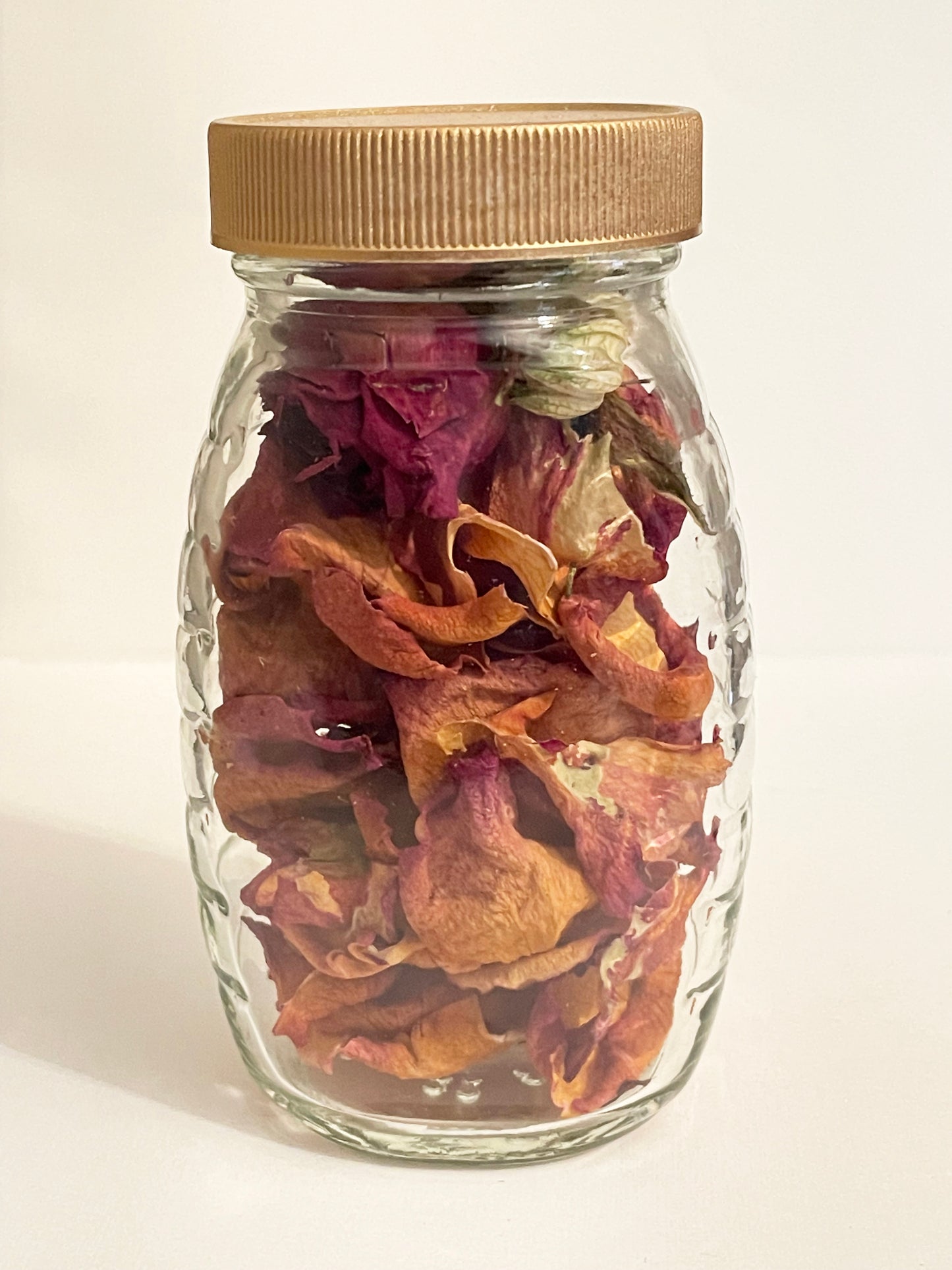 Small Honey Jar with Warm Multi Colored Dried Roses and Astrantia Blossoms