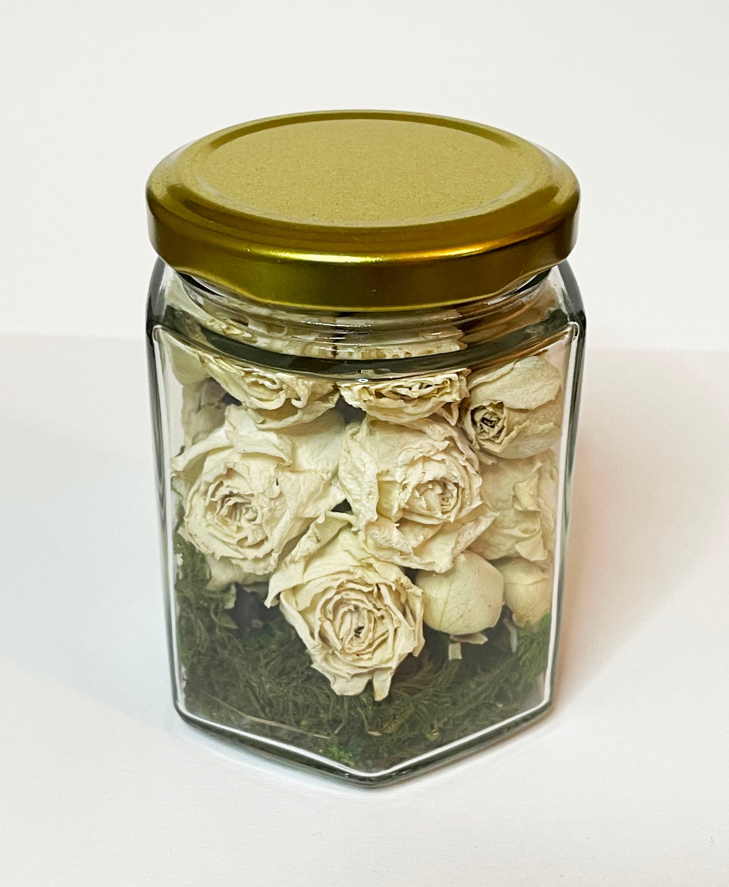 Set of 3: Dried Roses in Honeycomb Shaped Glass Jars with Gold Lids