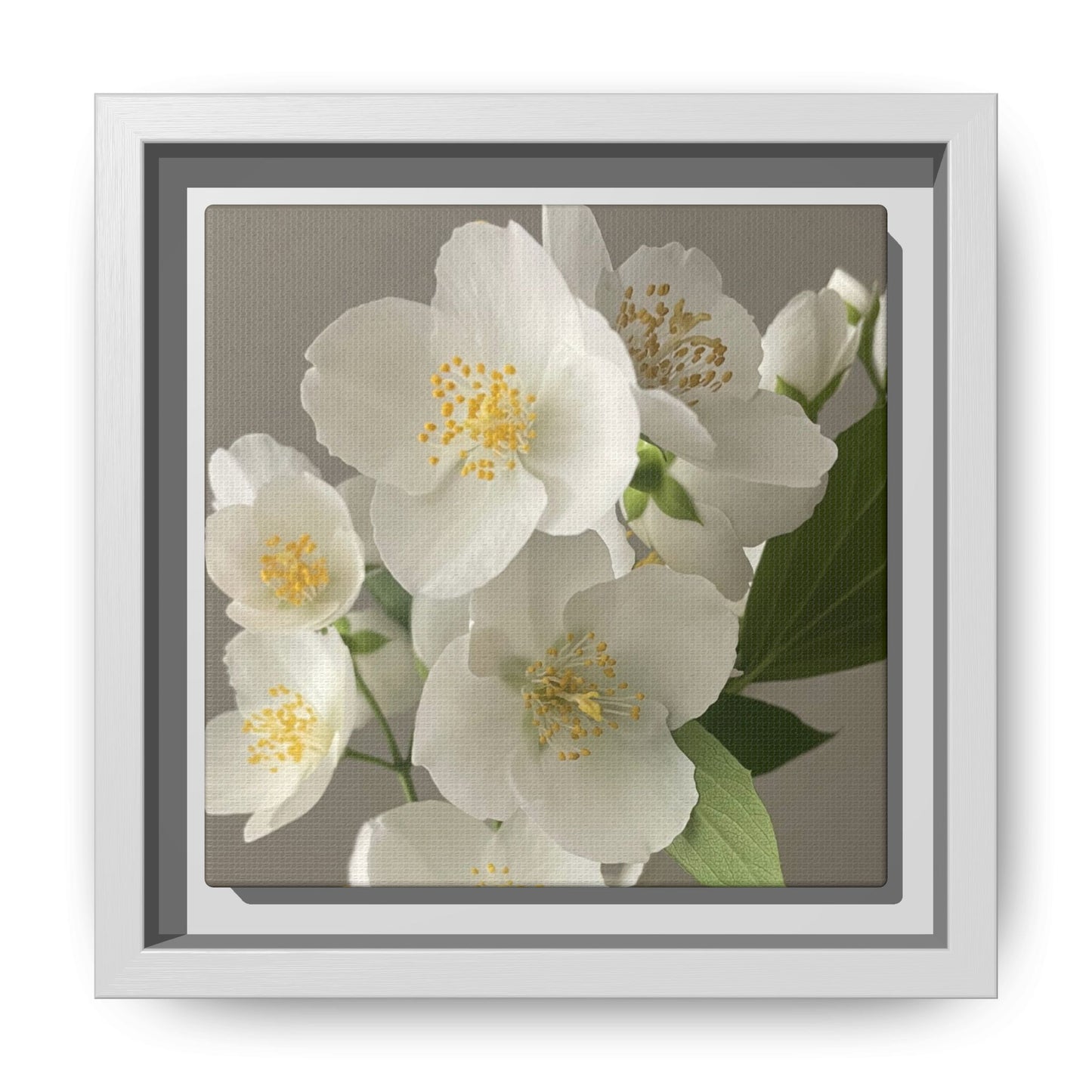 White Blossoms on Matte Canvas with White Frame