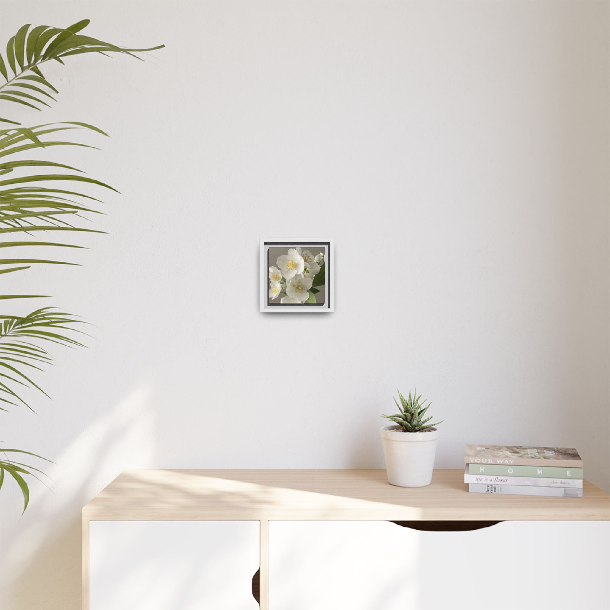 White Blossoms on Matte Canvas with White Frame – Duck Petals