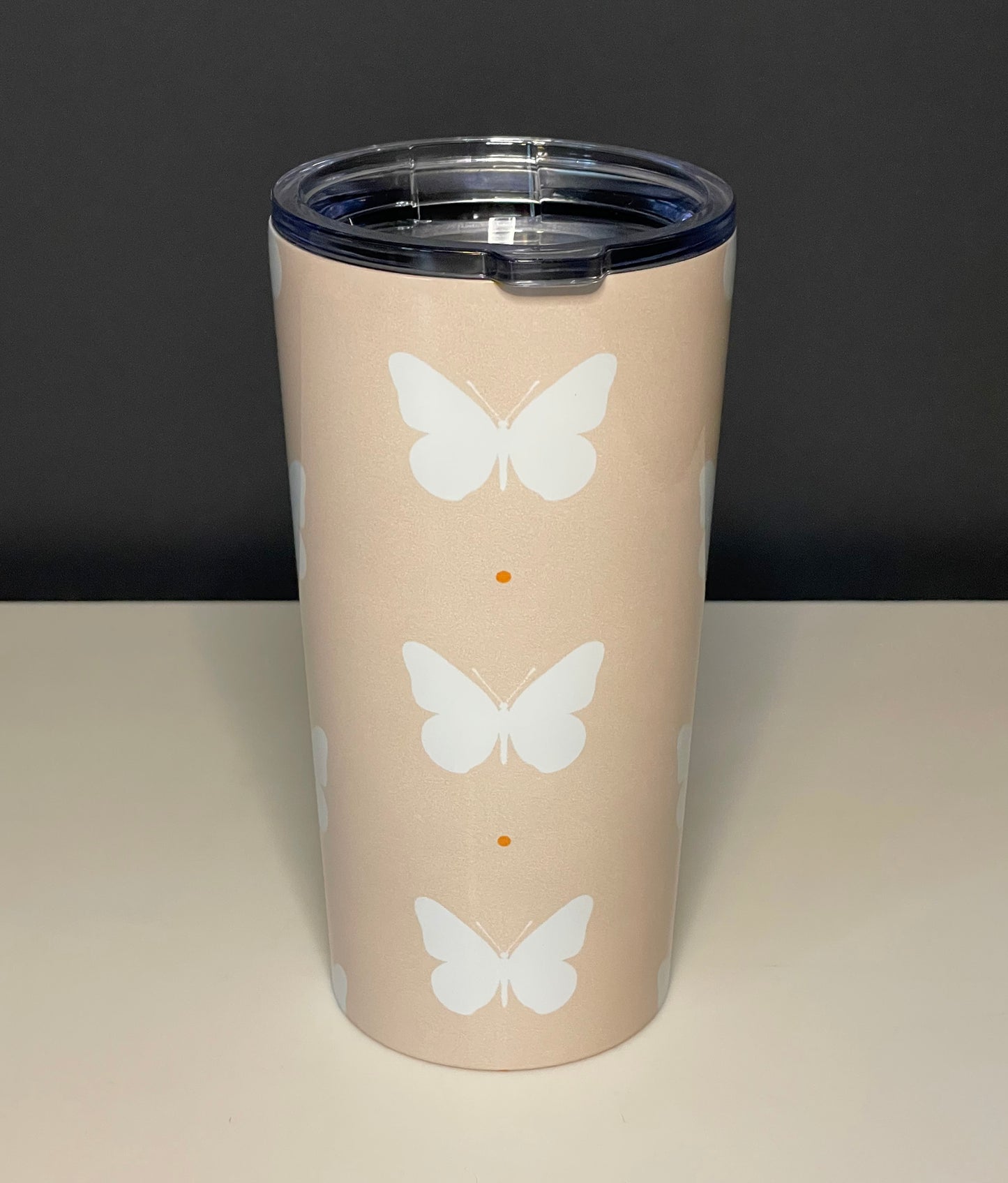 Butterfly Silhouette Tumbler Stainless Steel Glossy Peach 20oz with Clear Lid