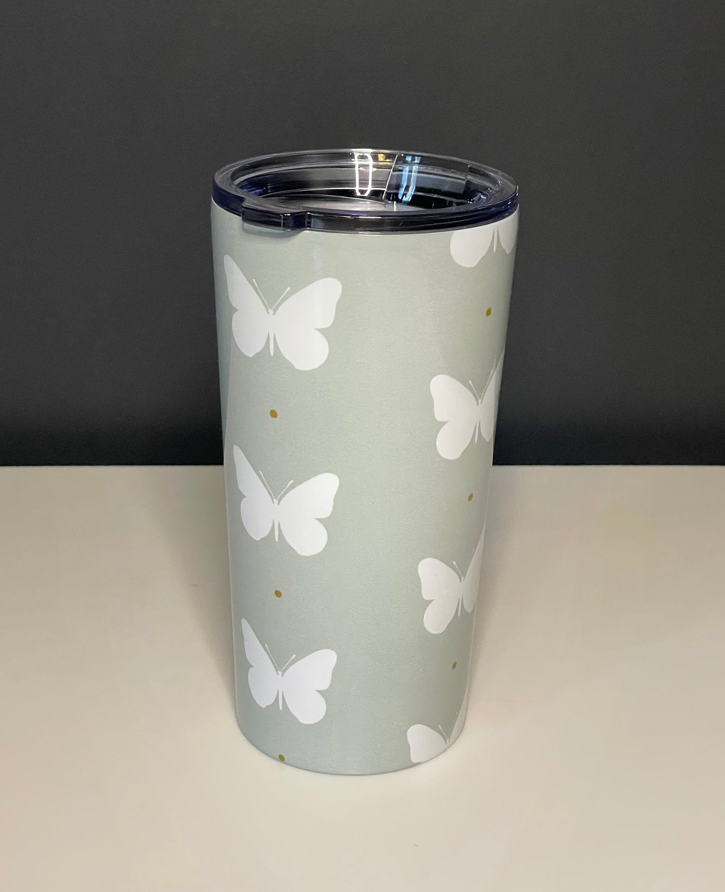 Butterfly Silhouette Tumbler Stainless Steel Glossy Sage 20oz with Clear Lid