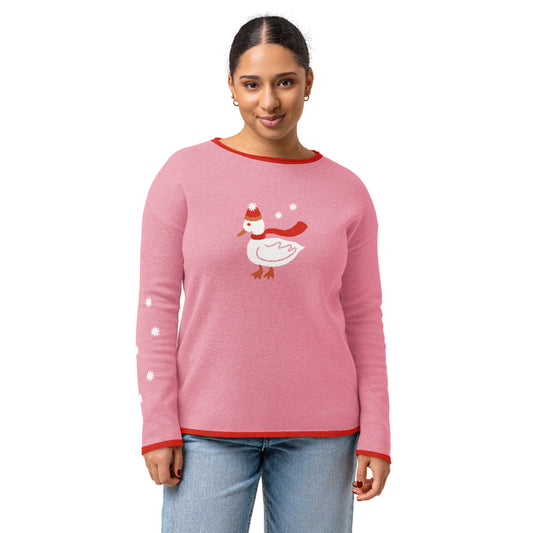 Snowy Day Duck | Women’s straight bottom knitted sweater | Pink with Red