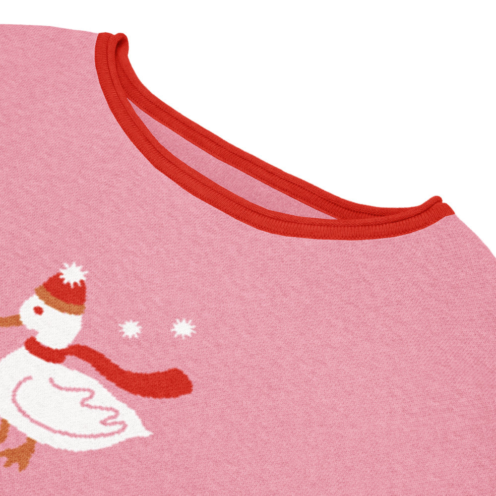 Snowy Day Duck | Women’s straight bottom knitted sweater | Pink with Red