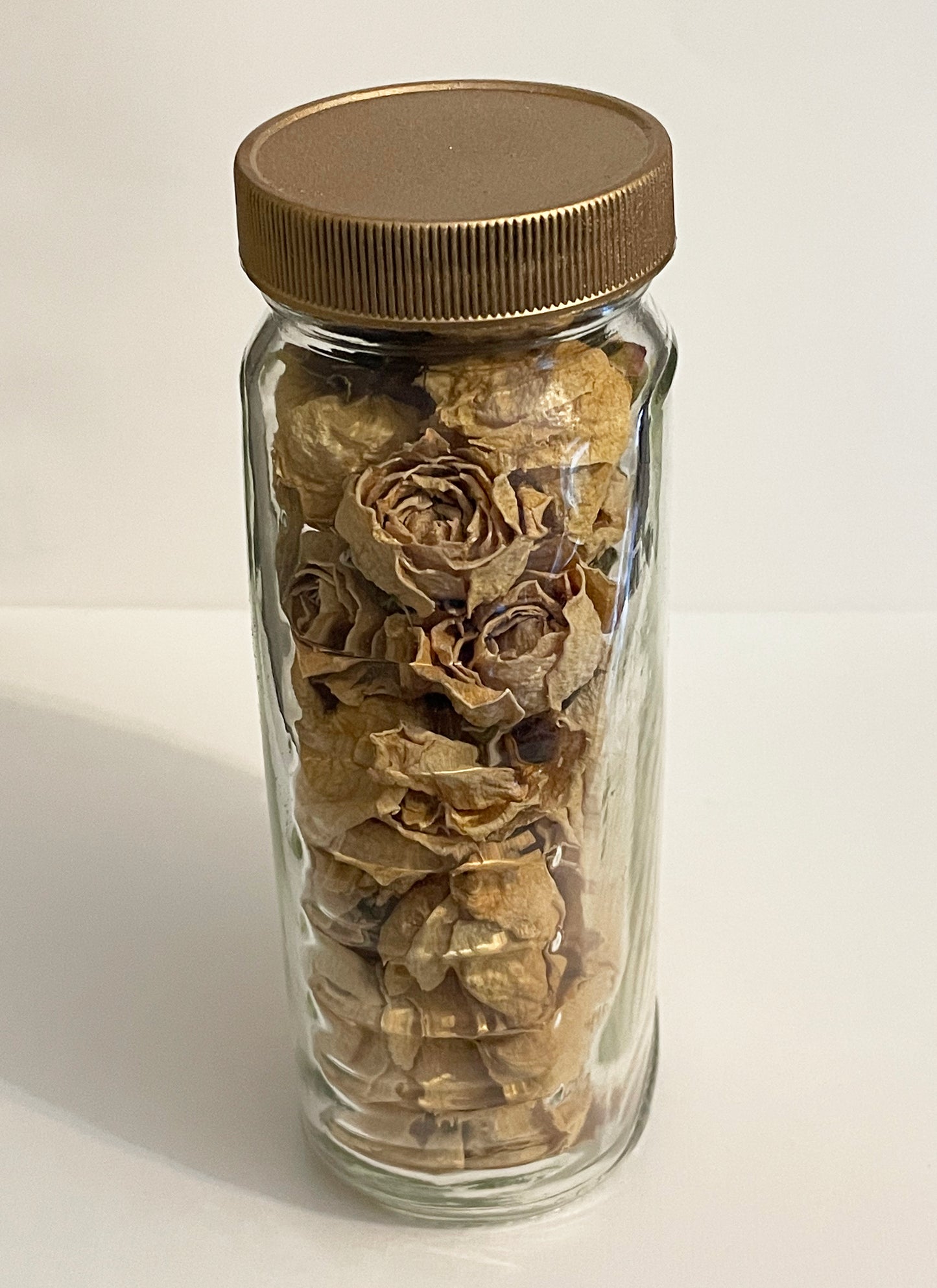 Boho Style Dried Golden Blush Rosebuds and Petals in Glass Honey Jar with Copper Gold Spray Painted Lid